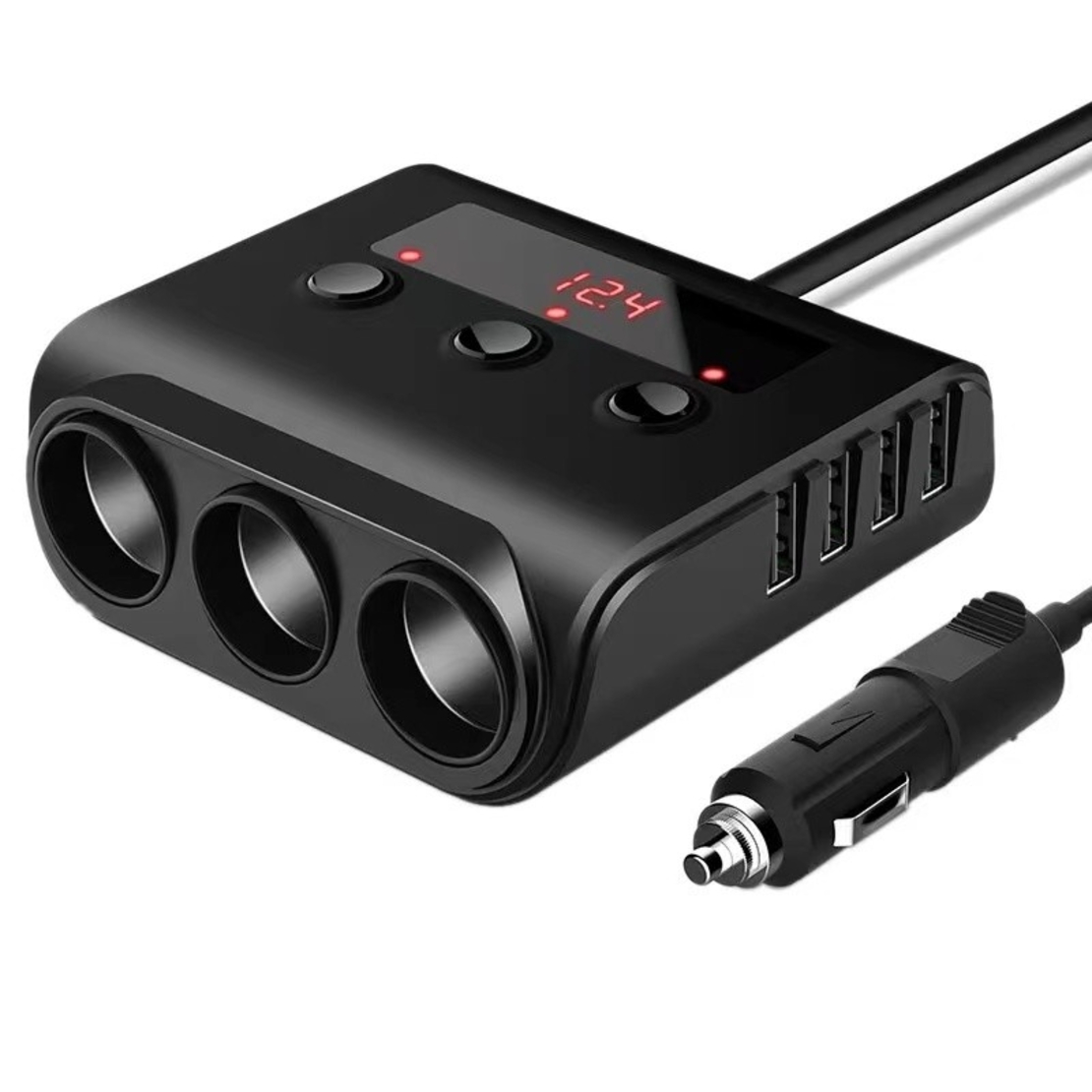 Авторазклонител с волтметър, 3 гнезда, 4 x USB, Черен