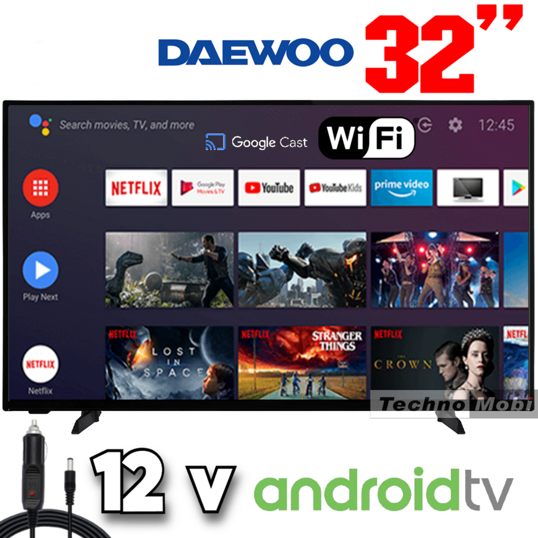 Телевизор на 12 волта Daewoo 32DM54HAM, Смарт, Android, 32 инча, Wi-Fi, Google Play