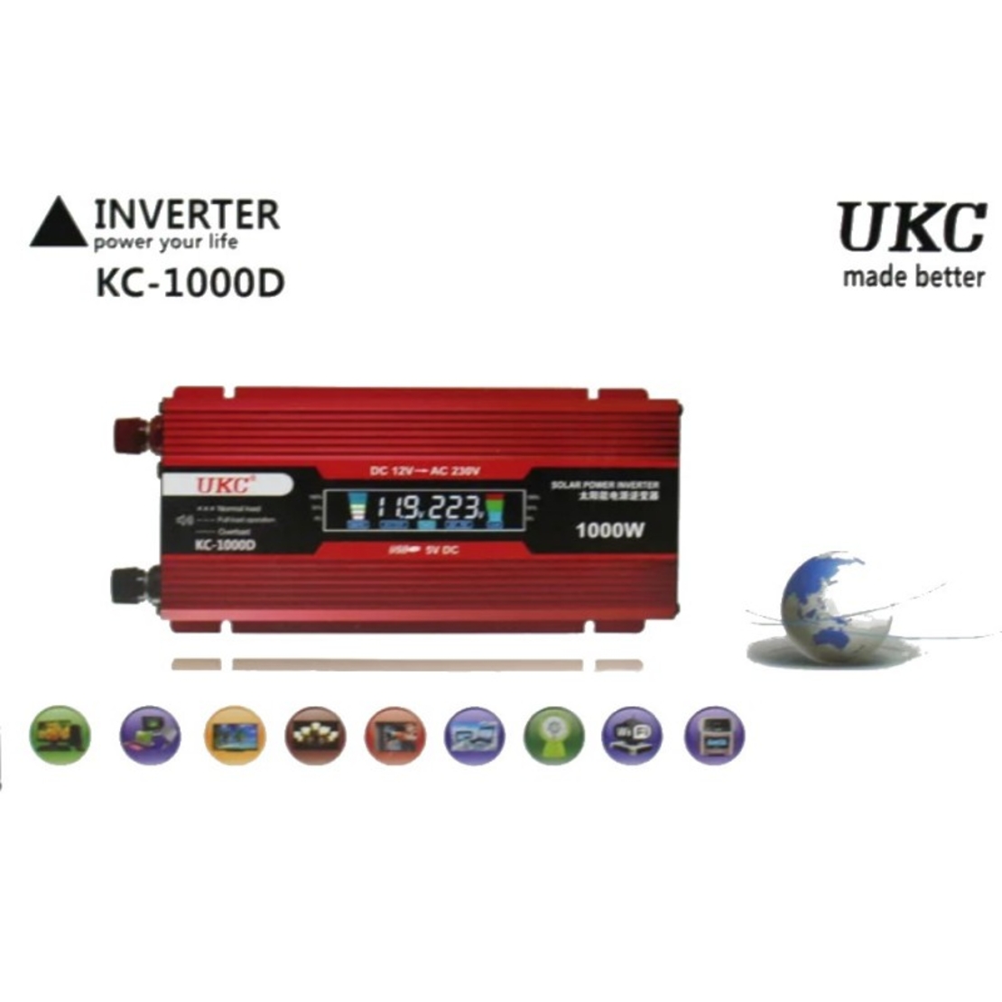 Инвертор на напрежение UKC KC-1000D, 12 волта, 1000 W, LCD дисплей
