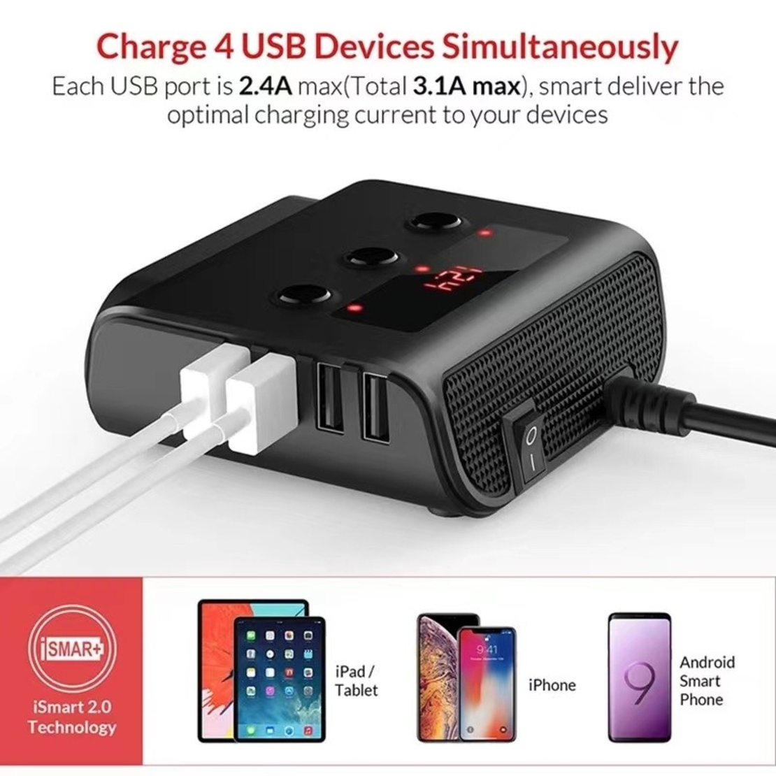 Авторазклонител с волтметър, 3 гнезда, 4 x USB, Черен