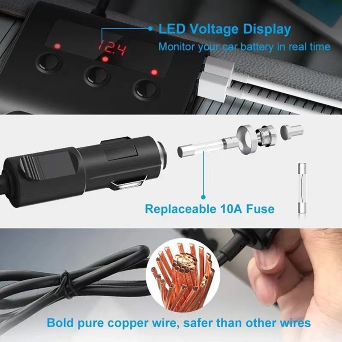 Авторазклонител с волтметър, 3 гнезда, 4 x USB, Черен