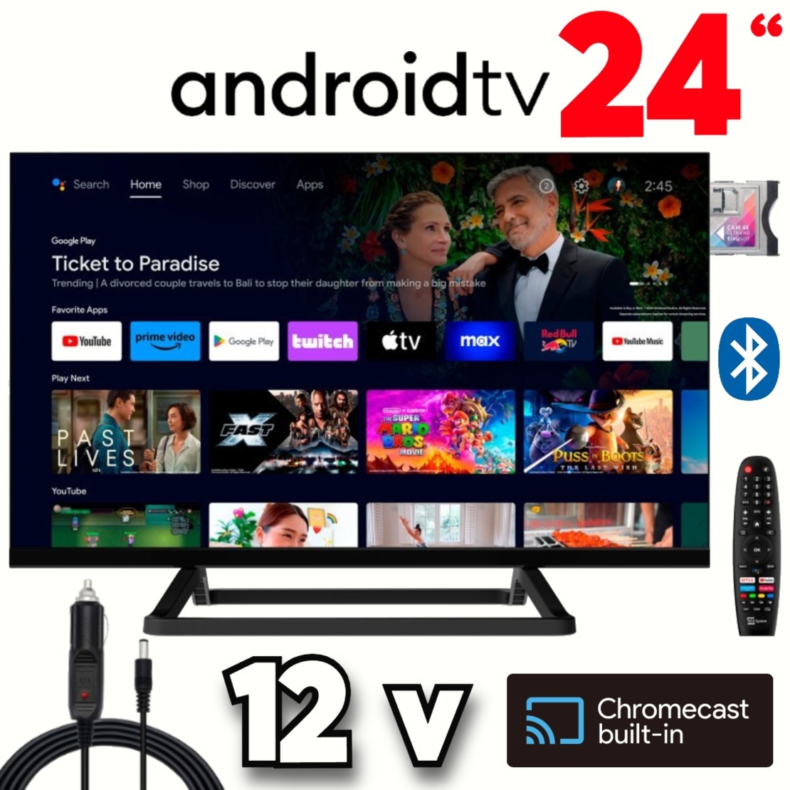 Смарт Телевизор на 12 волта, 24 инча, Android TV, Crome Cast, Google Play
