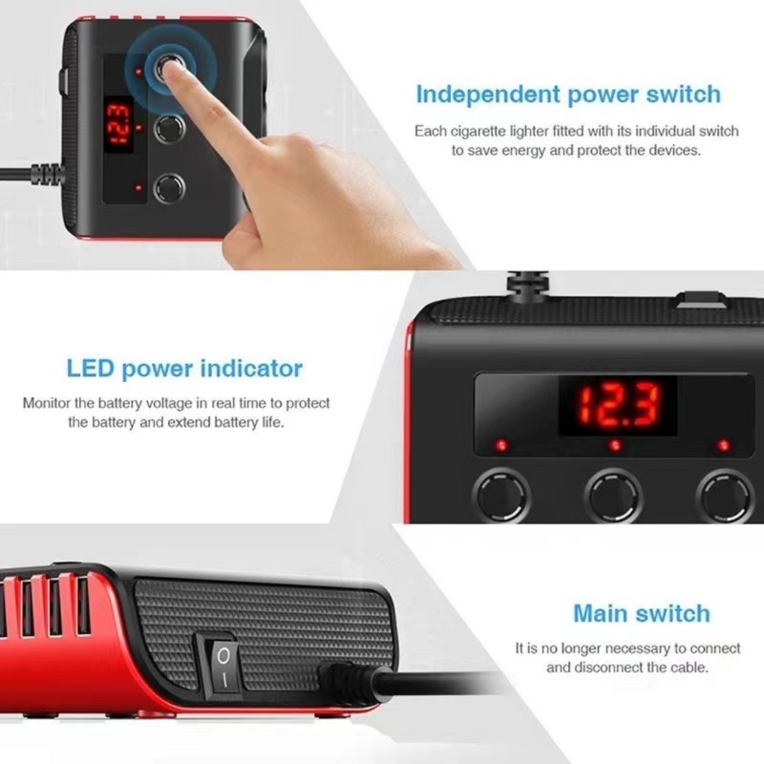 Авторазклонител с волтметър, 3 гнезда, 4 x USB, Черен