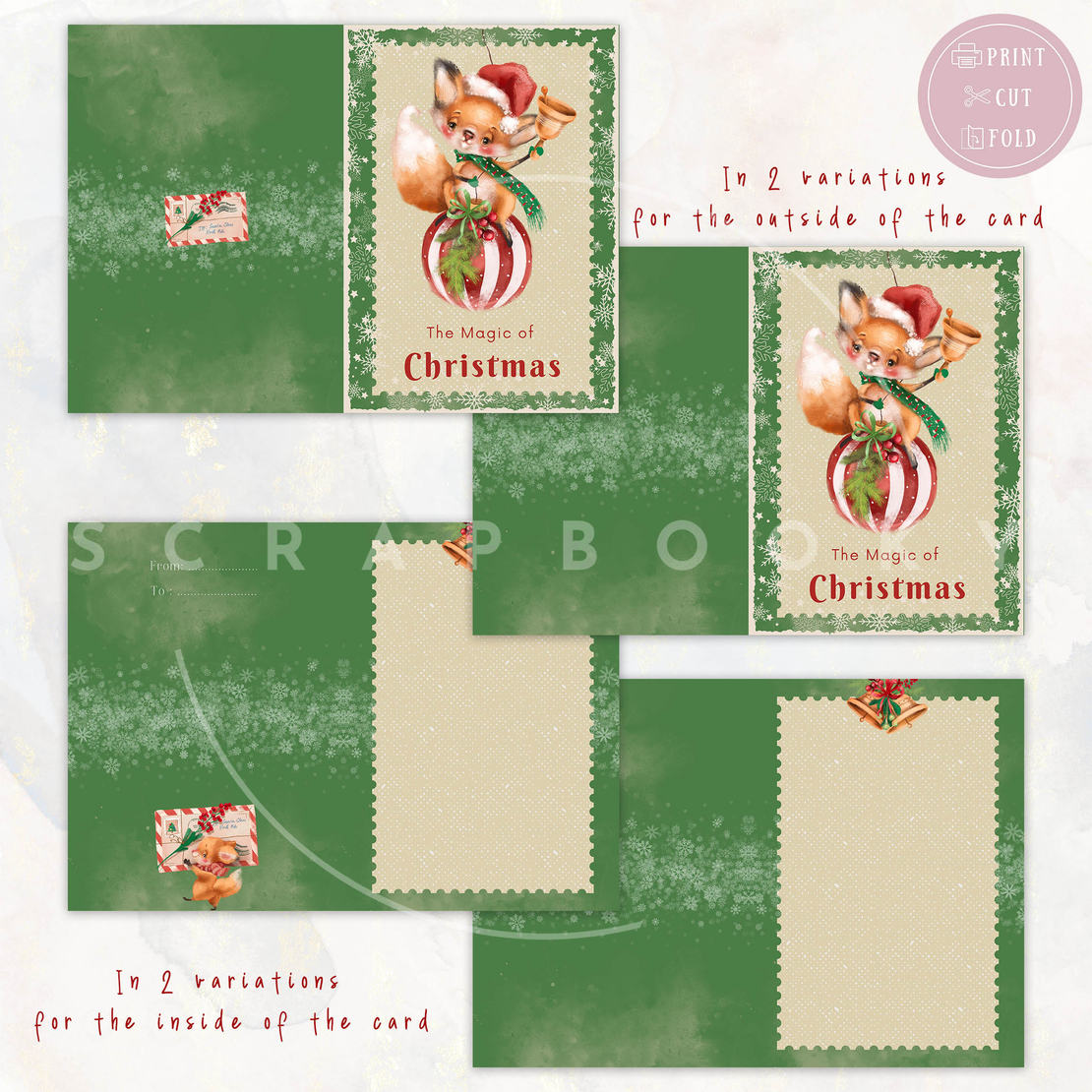 Digital Green Christmas Card with cute Fox