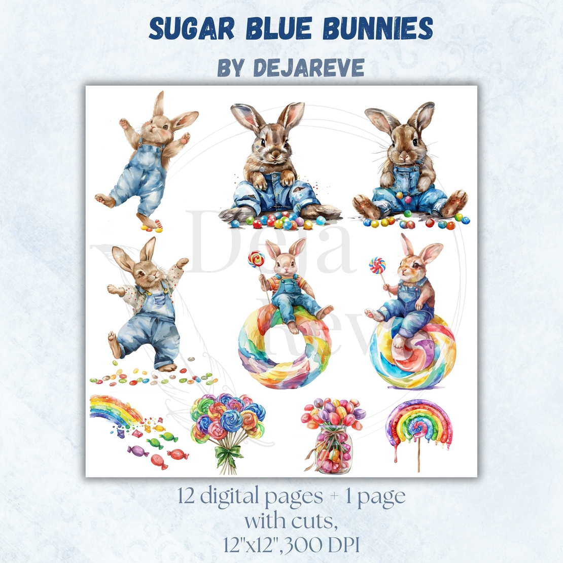 Sugar Blue Bunnies - Digital Paper