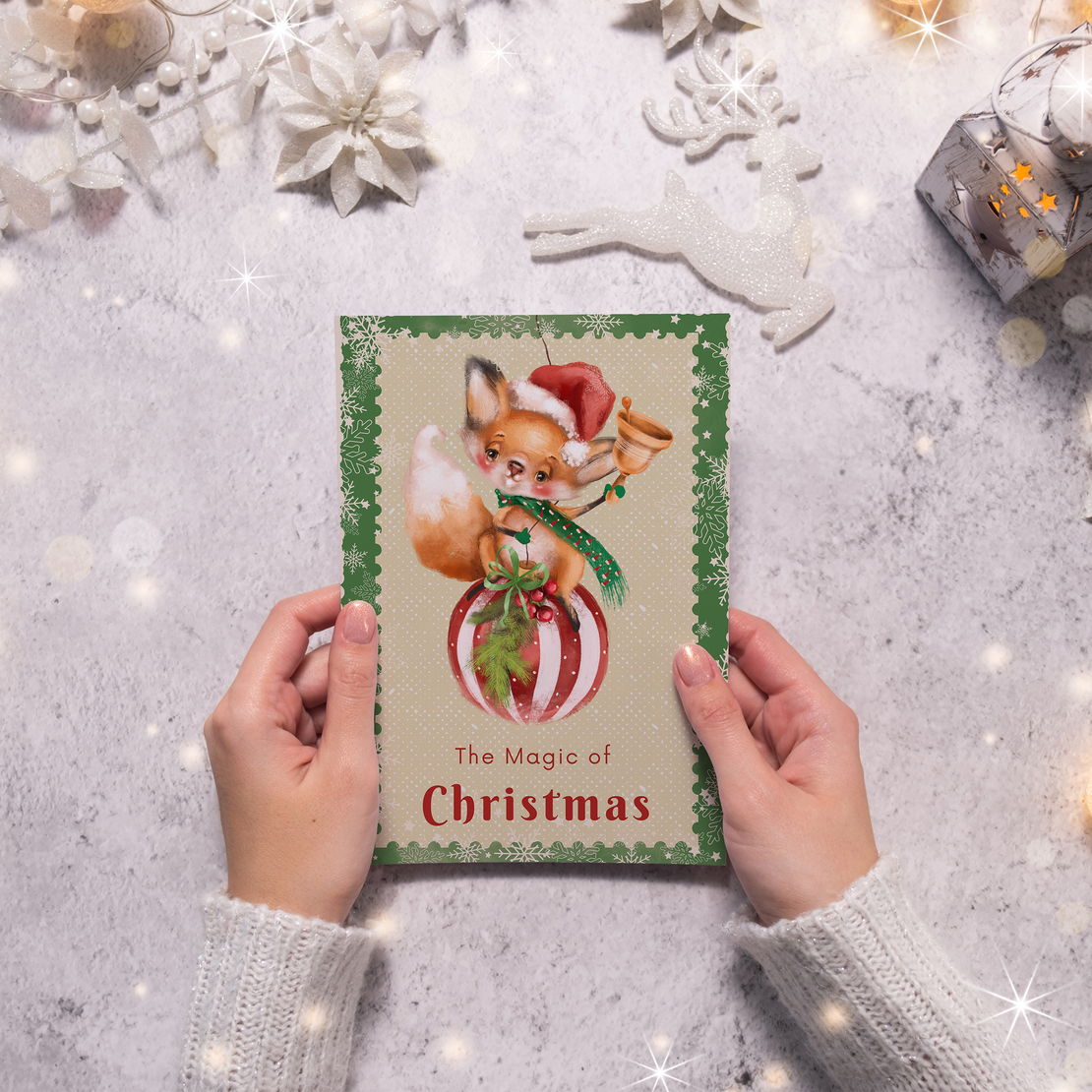 Digital Green Christmas Card with cute Fox