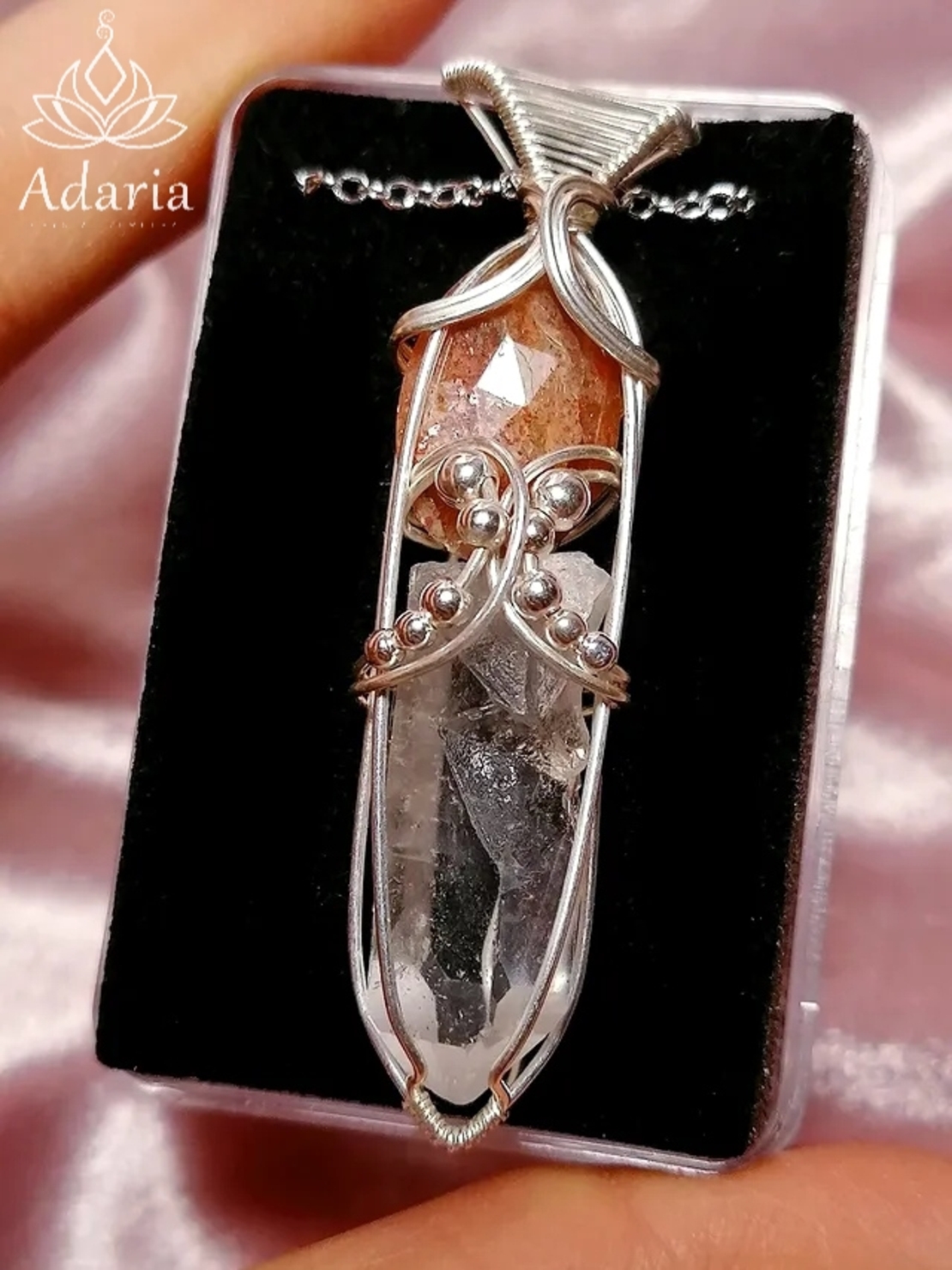 Сребърно колие с Планински кристал и Слънчев камък