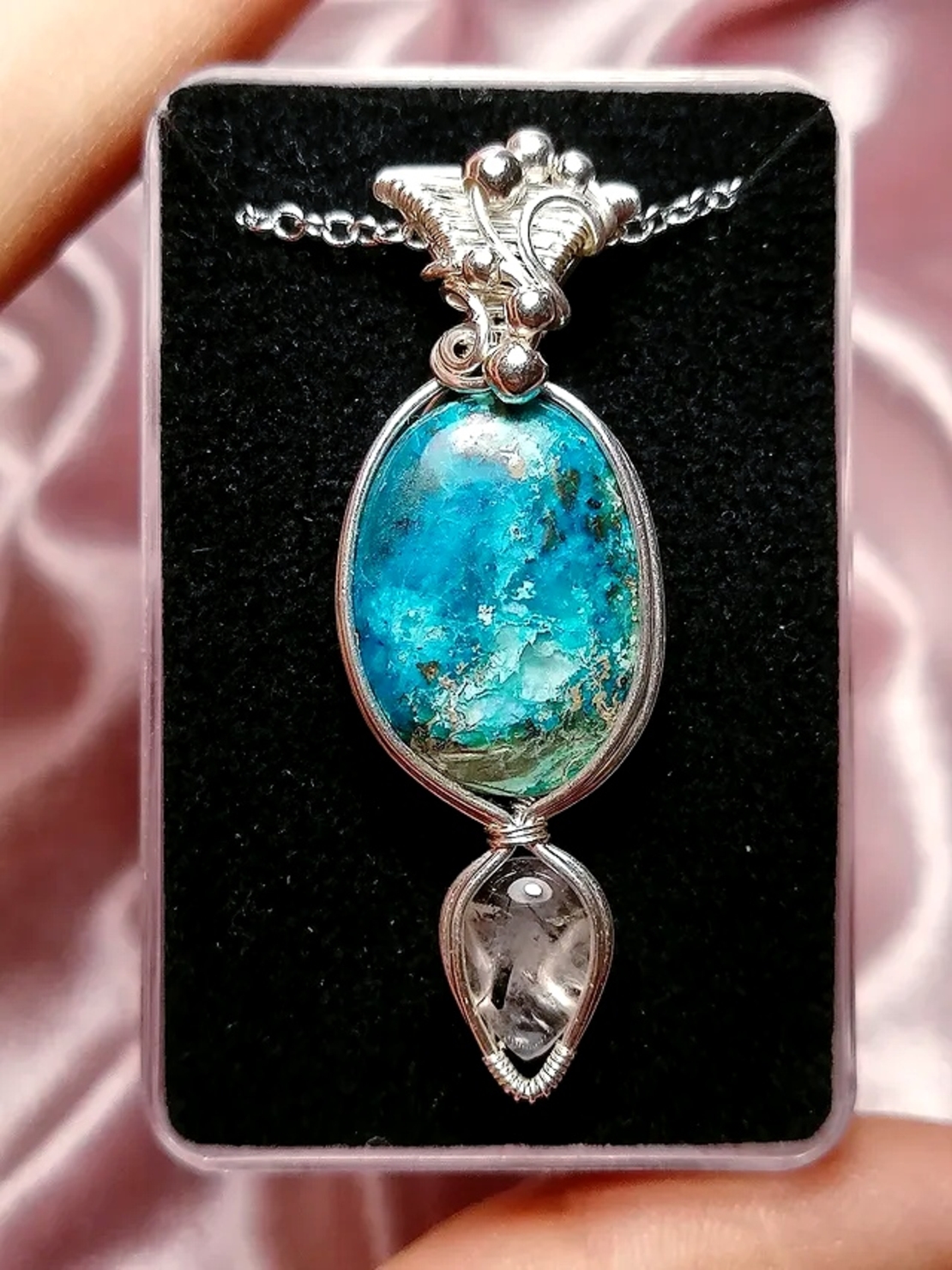 Сребърно колие с Азурит и диамант Хъркимър