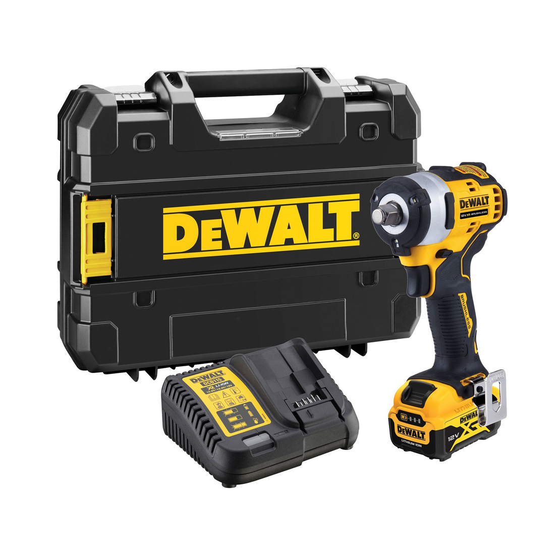 Гайковерт акумулаторен DeWALT с безчетков двигател с 1 батерия и зарядно, 12 V, 5 Ah, 340 Nm, квадрат, 1/2