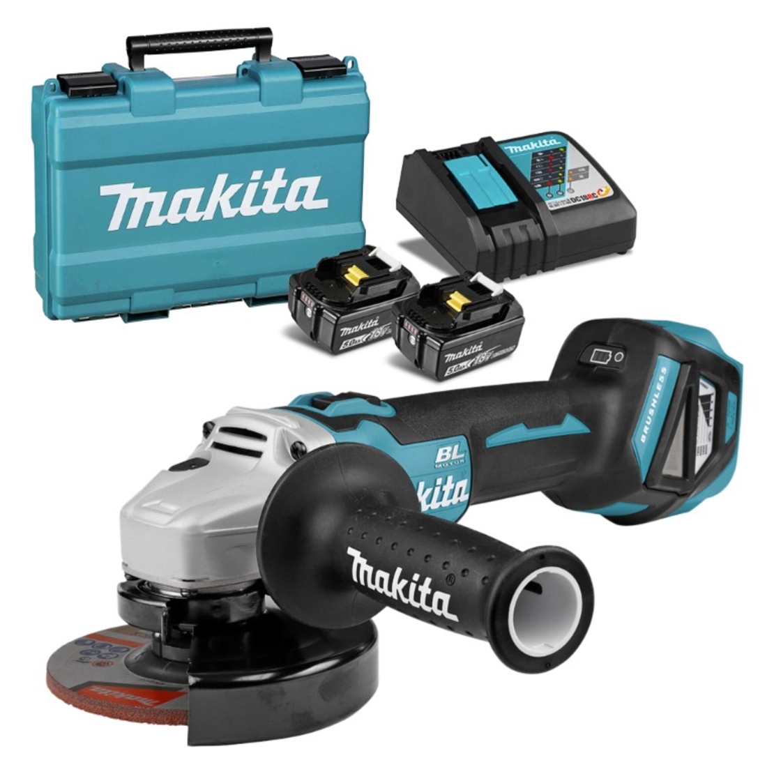 Ъглошлайф Makita акумулаторен с 2 батерии и зарядно, 18 V, 5 Ah, 125 мм, 3000-8500 об./мин, DGA511RTE