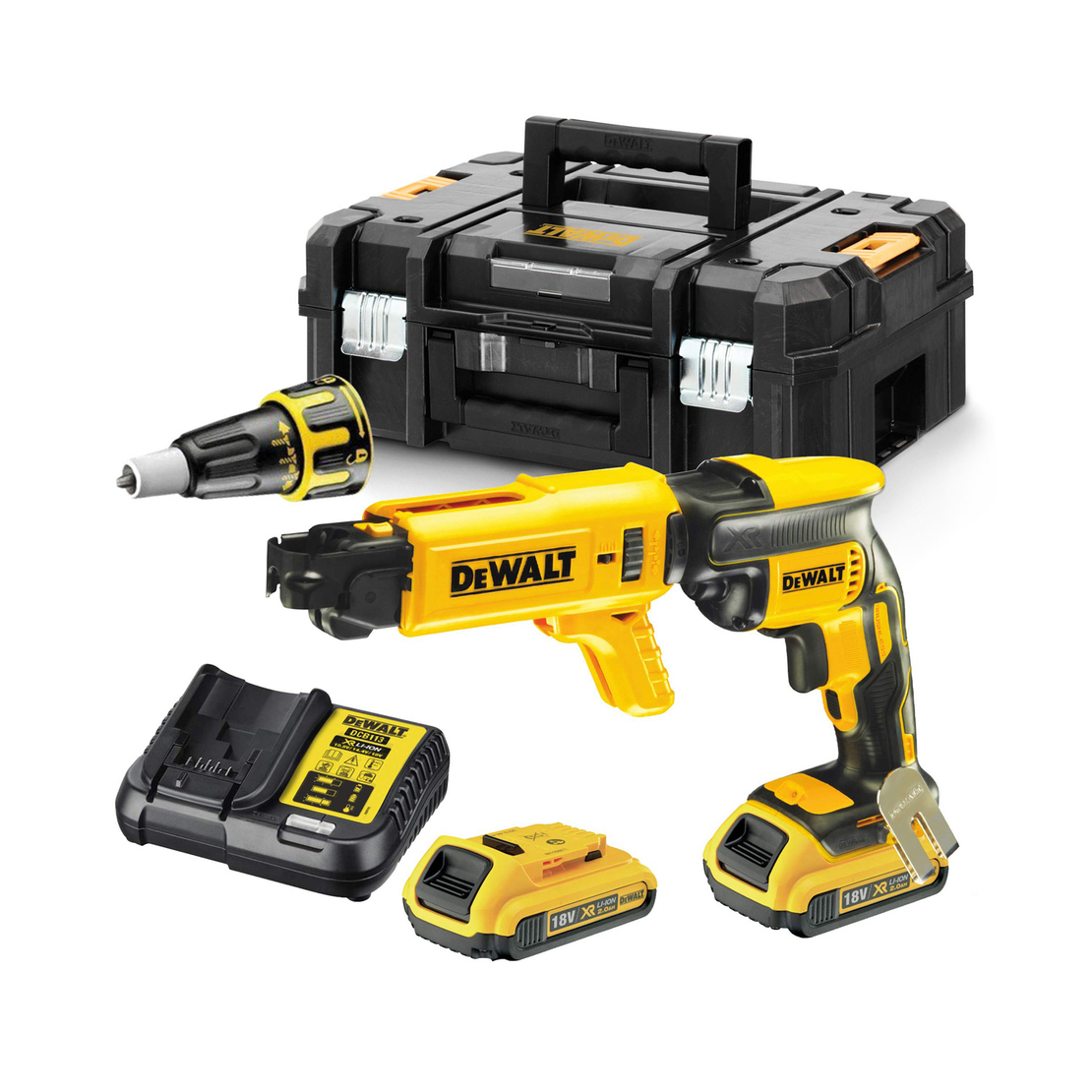 Акумулаторен винтоверт DeWALT безчетков с пълнител с 2 батерии и зарядно, 18 V, 2 Ah, 30 Nm, 1/4