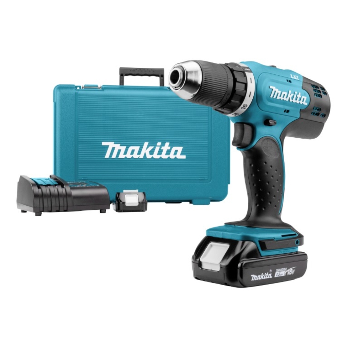 Акумулаторен винтоверт Makita с колекторен двигател с 2 батерии и зарядно, 18 V, 1.5 Ah, 42 Nm, 1.5-13 мм, DDF453SYE