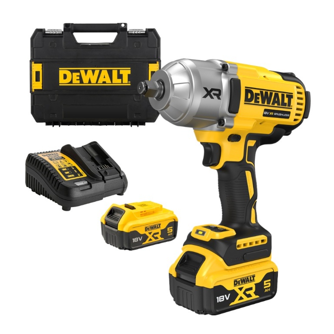 Гайковерт акумулаторен DeWALT с безчетков двигател с 2 батерии и зарядно, 18 V, 5 Ah, 1355 Nm, квадрат, 1/2