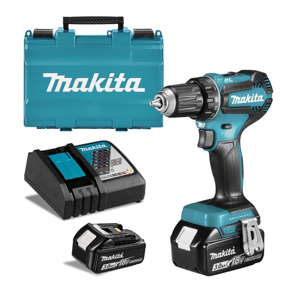 Акумулаторен винтоверт Makita с колекторен двигател с 2 батерии и зарядно, 18 V, 3 Ah, 62 Nm, 1.5-13 мм, DDF482RFE