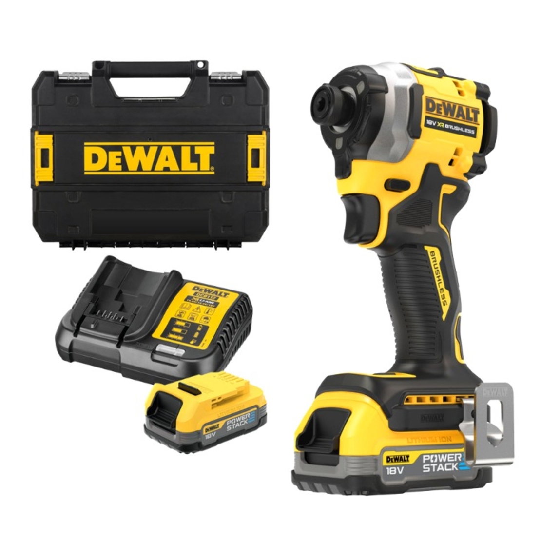 Гайковерт акумулаторен DeWALT с безчетков двигател с 2 батерии и зарядно, 18 V, 1.7 Ah, 206.2 Nm, шестостен, 1/4