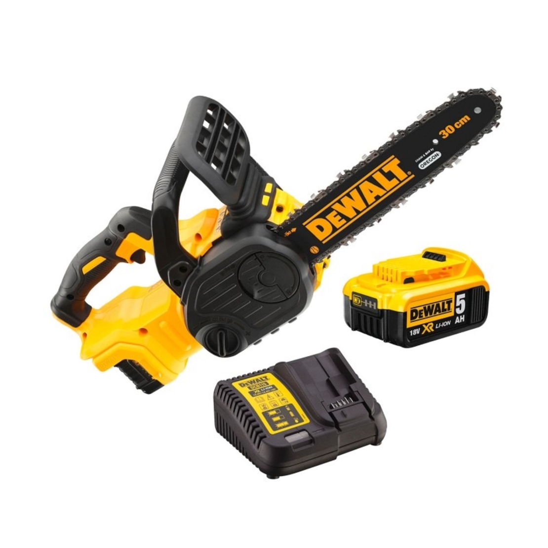 Трион DeWALT верижен акумулаторен с 1 батерия и зарядно, 18 V, 5 Ah, 30 см, 3/8 