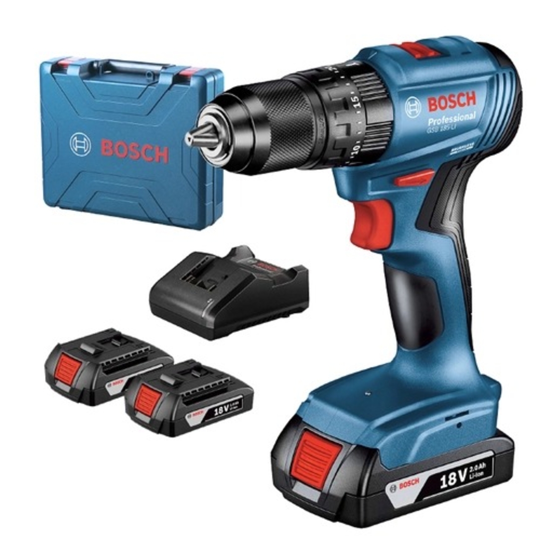 Акумулаторен винтоверт Bosch с безчетков двигател с 3 батерии и зарядно, 18 V, 2 Ah, 50 Nm, 1.5-13 мм, GSB 185 Li