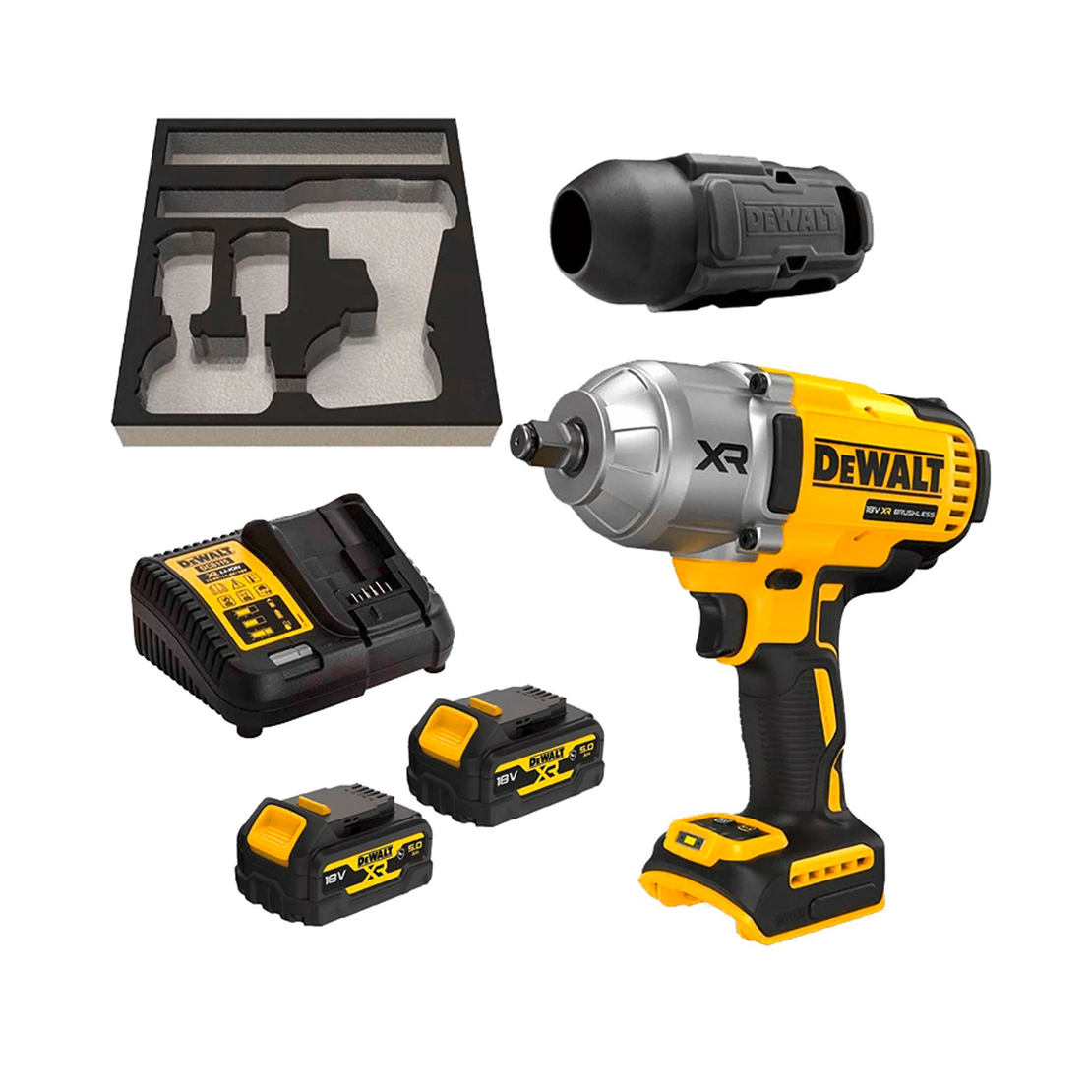 Гайковерт акумулаторен DeWALT с безчетков двигател с 2 батерии и зарядно, 18 V, 5 Ah, 1355 Nm, квадрат, 1/2