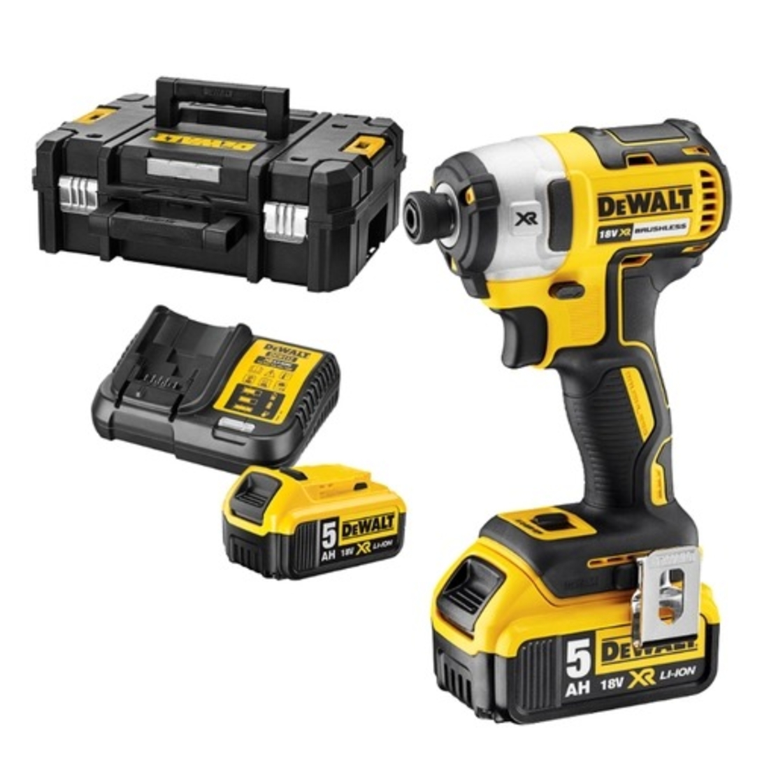 Гайковерт акумулаторен DeWALT с безчетков двигател с 2 батерии и зарядно, 18 V, 5 Ah, 205 Nm, шестостен, 1/4