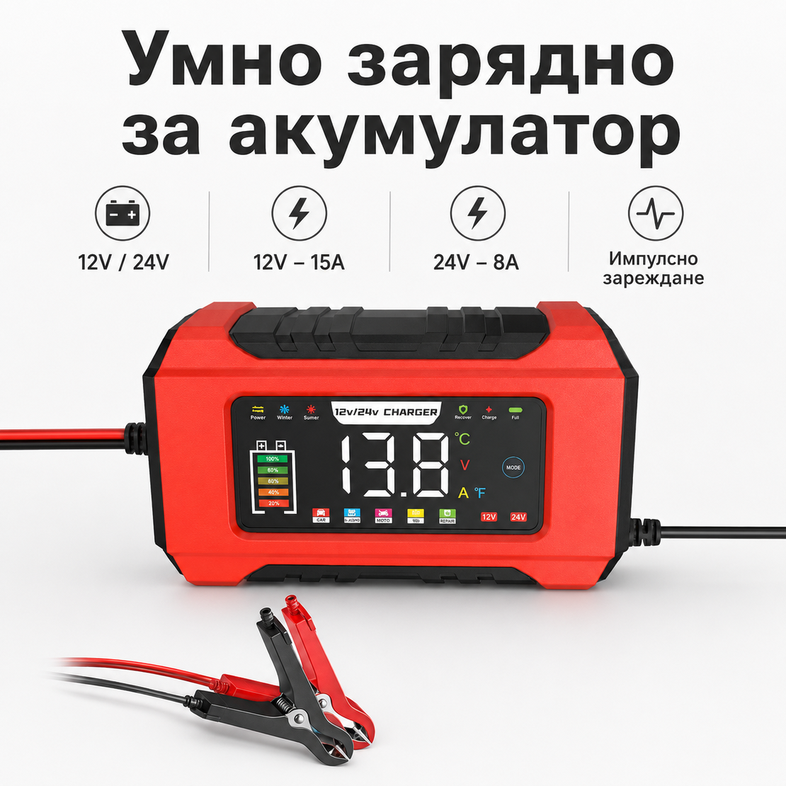 Смарт Импулсно Зарядно за Акумулатори 12v 15A / 24v 8A LifePo4
