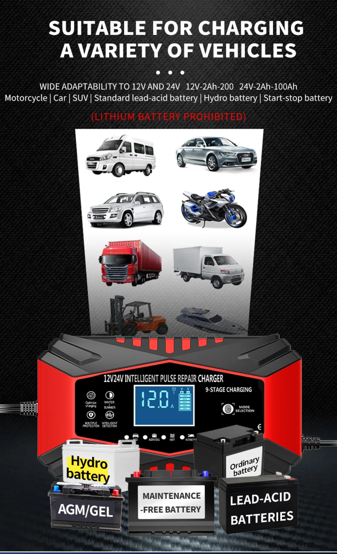 Смарт Импулсно Зарядно за Акумулатори 12v 12A / 24v 6A EU Standart