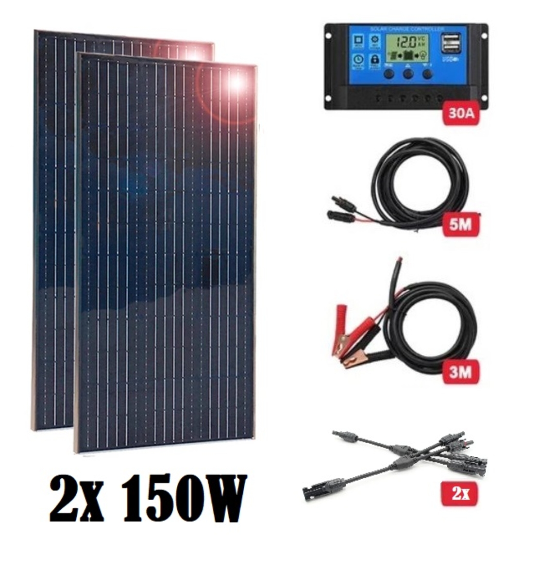 Комплект 300w соларен панел + 30А контролер + кабели 8м.