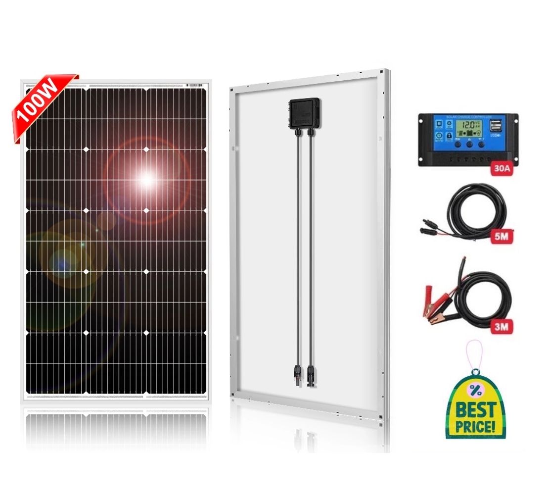 Комплект 100w соларен панел + 30А контролер + кабели 8м.