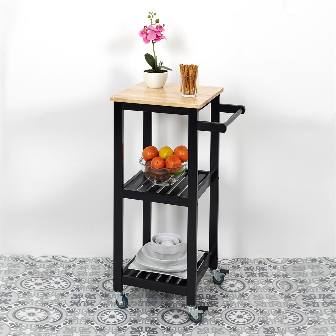 Кухненска количка с 3 рафта, 84,5 x 37 x 45 см, Черна-Каучуково дърво, Home Deco Factory
