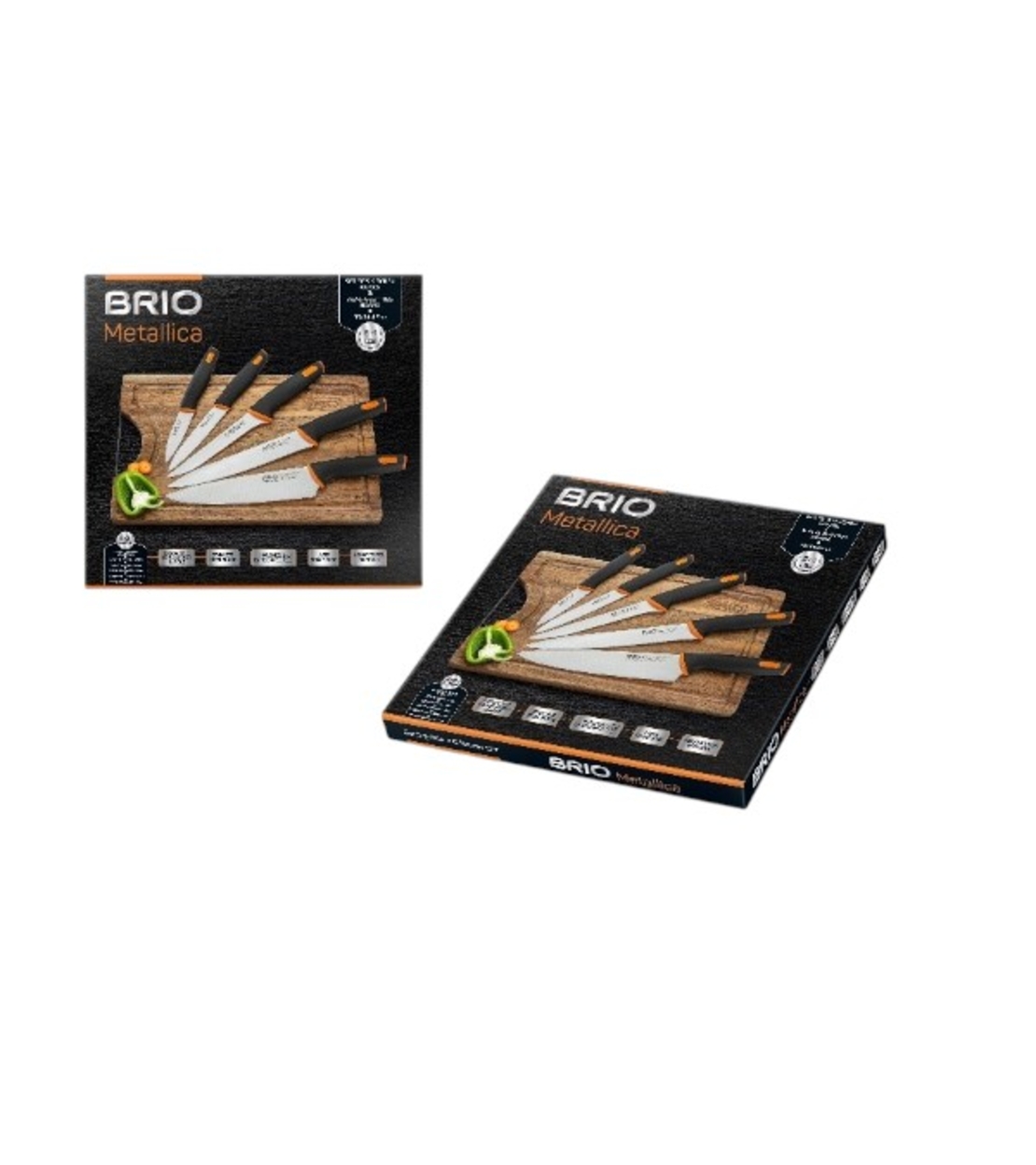 BRIO Metallica - Комплект 5бр кухненски ножове с акациева дъска - 35х24х1.5см.