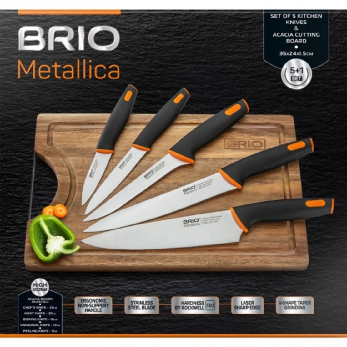 BRIO Metallica - Комплект 5бр кухненски ножове с акациева дъска - 35х24х1.5см.