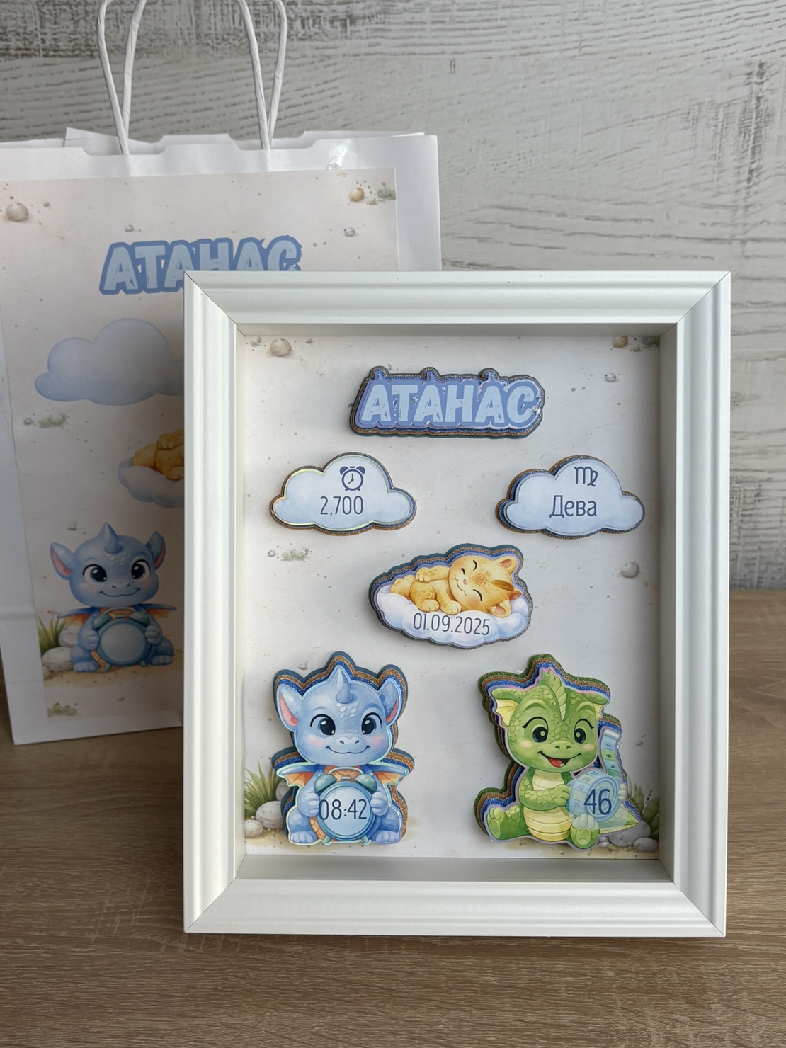 Рамка визитка за новородено - малки дракончета