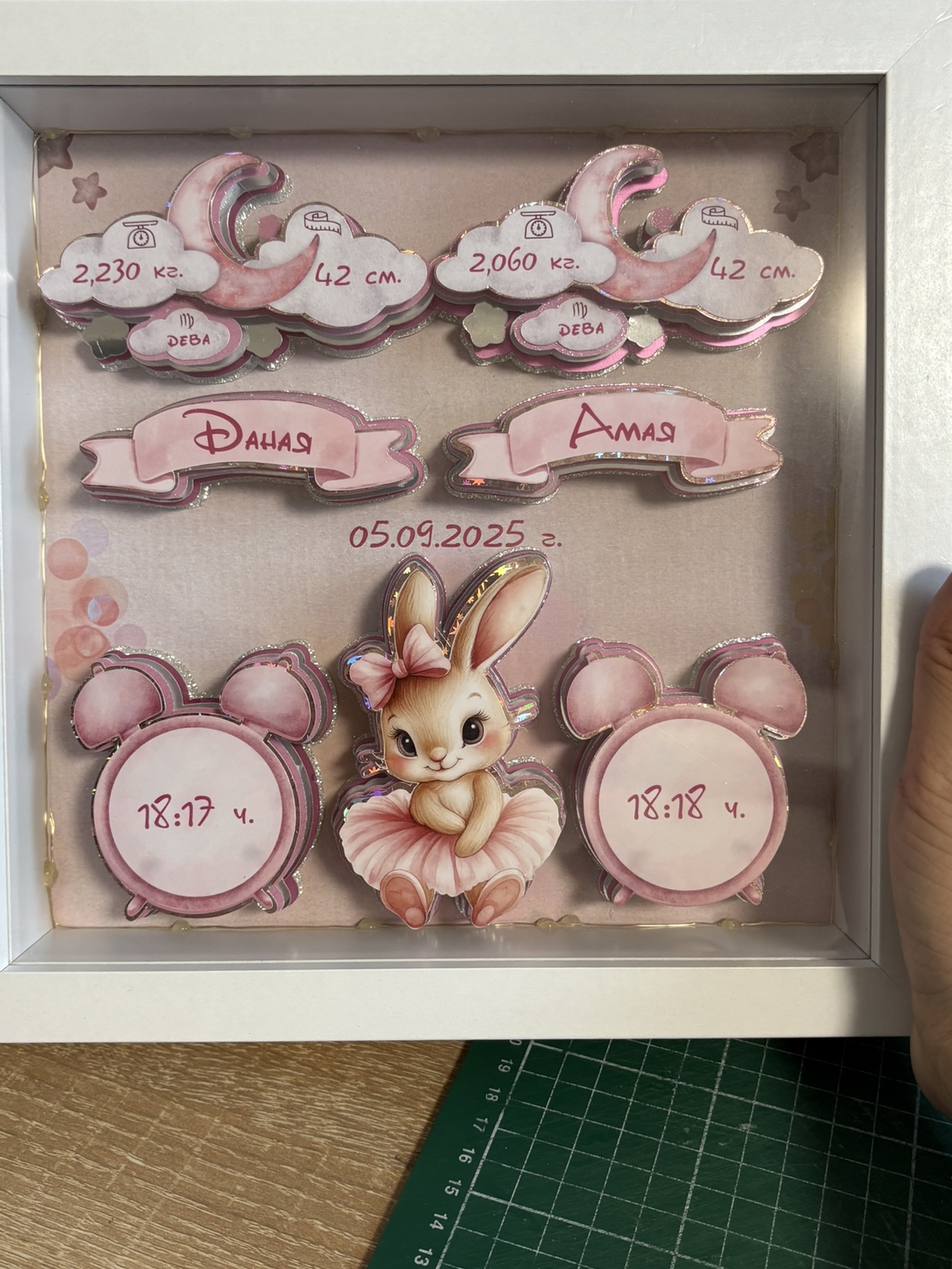 CRAFTONA Рамка визитка за новородено с 3д елементи - Зайче в розово