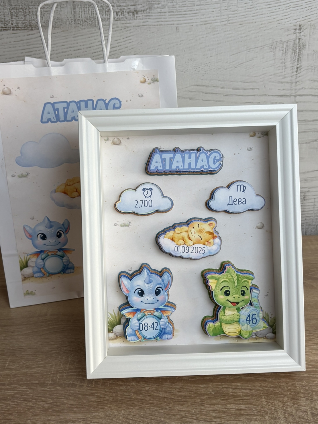 Рамка визитка за новородено - малки дракончета