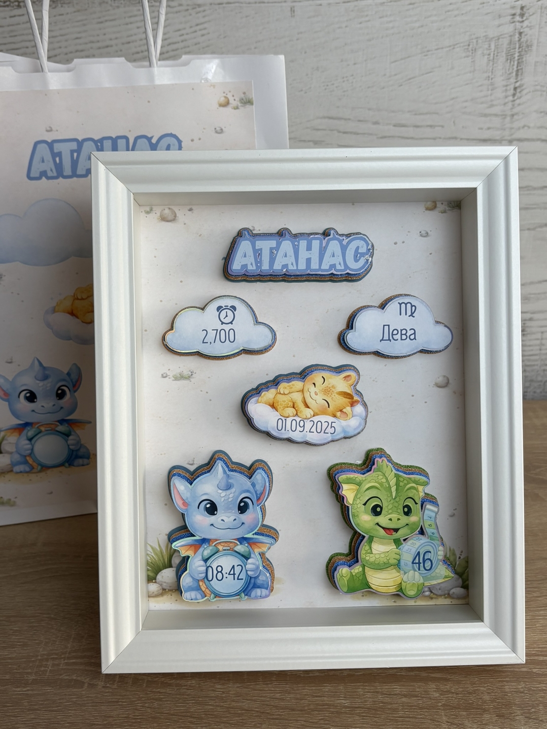 Рамка визитка за новородено - малки дракончета