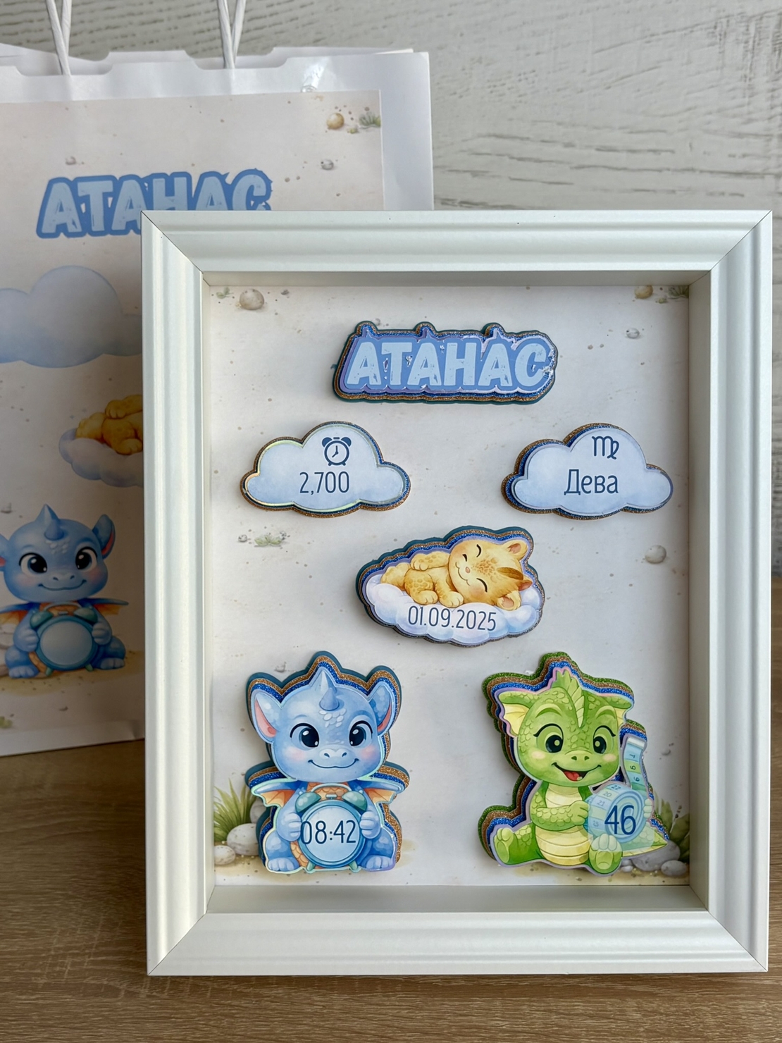 Рамка визитка за новородено - малки дракончета