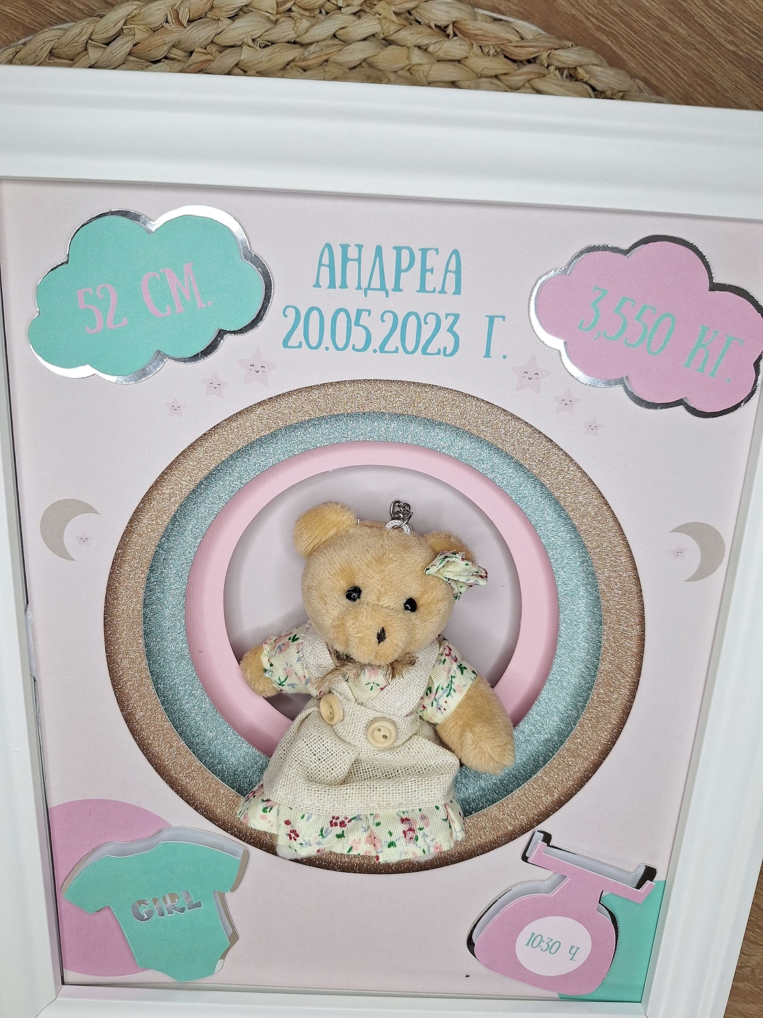 Ръчно декорирана рамка визитка за бебе