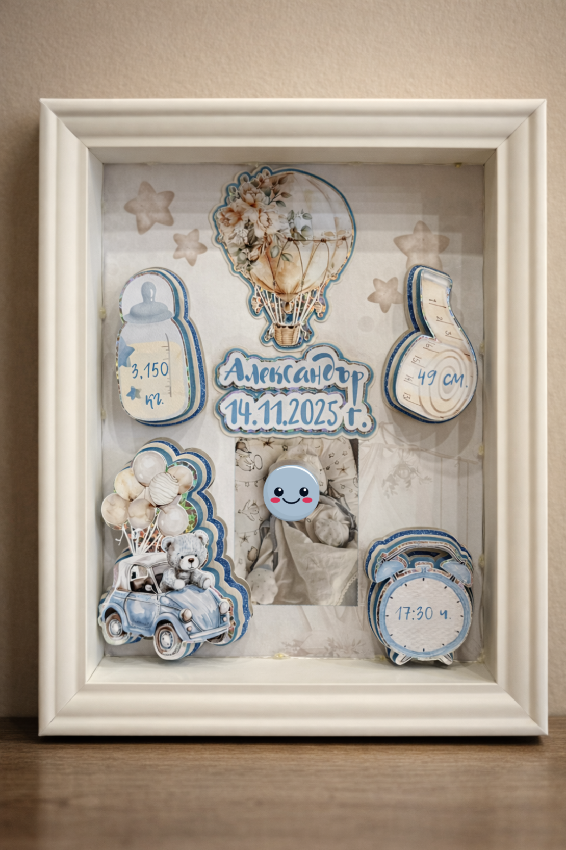 CRAFTONA Рамка визитка за новородено - мече и балон в син цвят