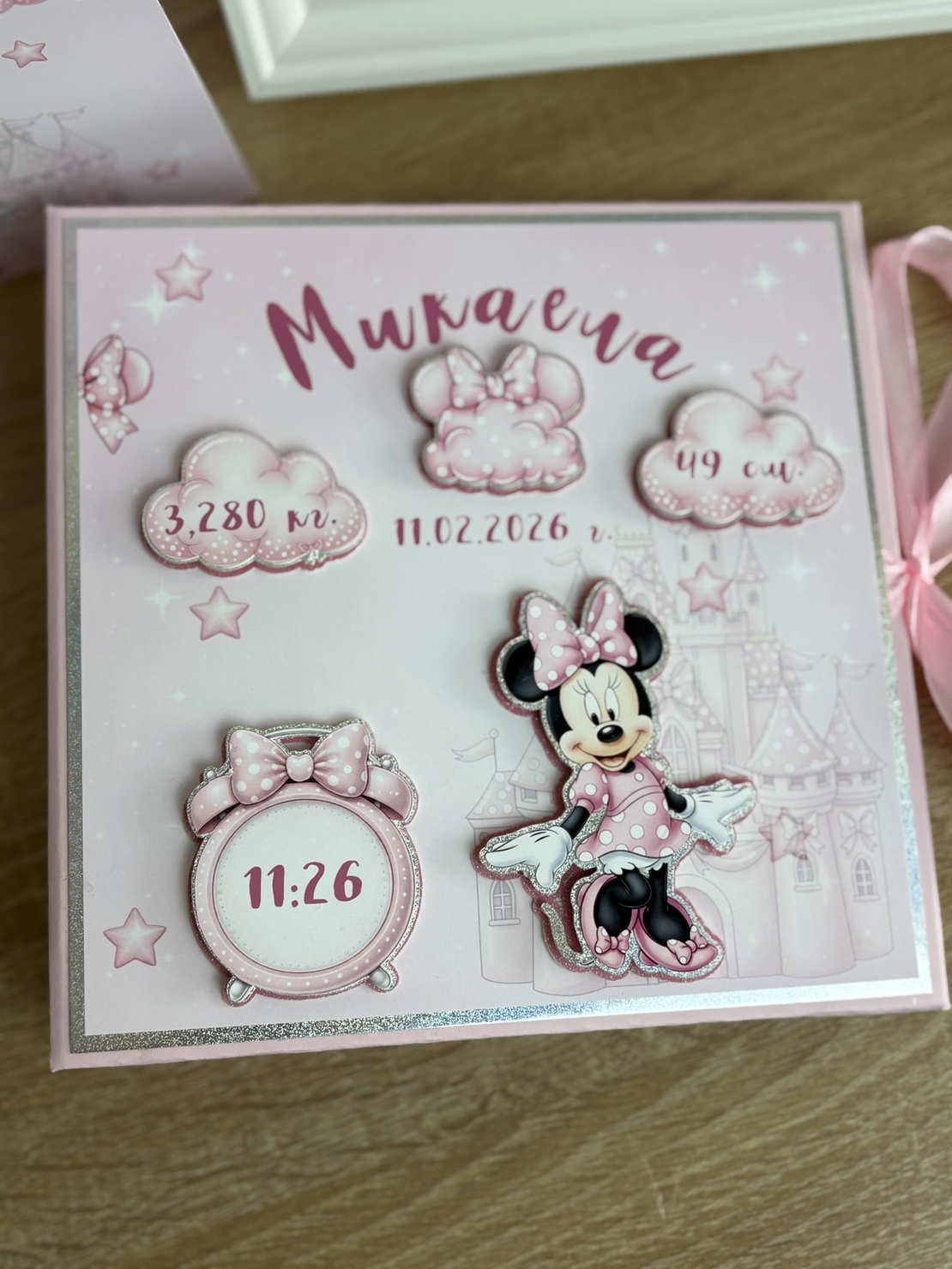 Албум за новородено с лепени страници 18х18 см., 12 листа - Мини Маус в розово