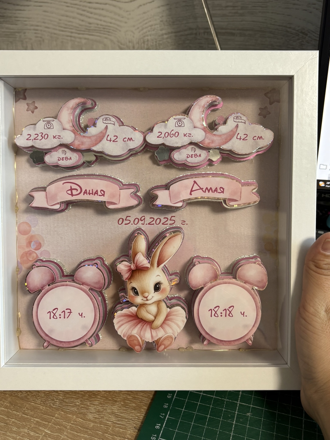 CRAFTONA Рамка визитка за новородено с 3д елементи - Зайче в розово