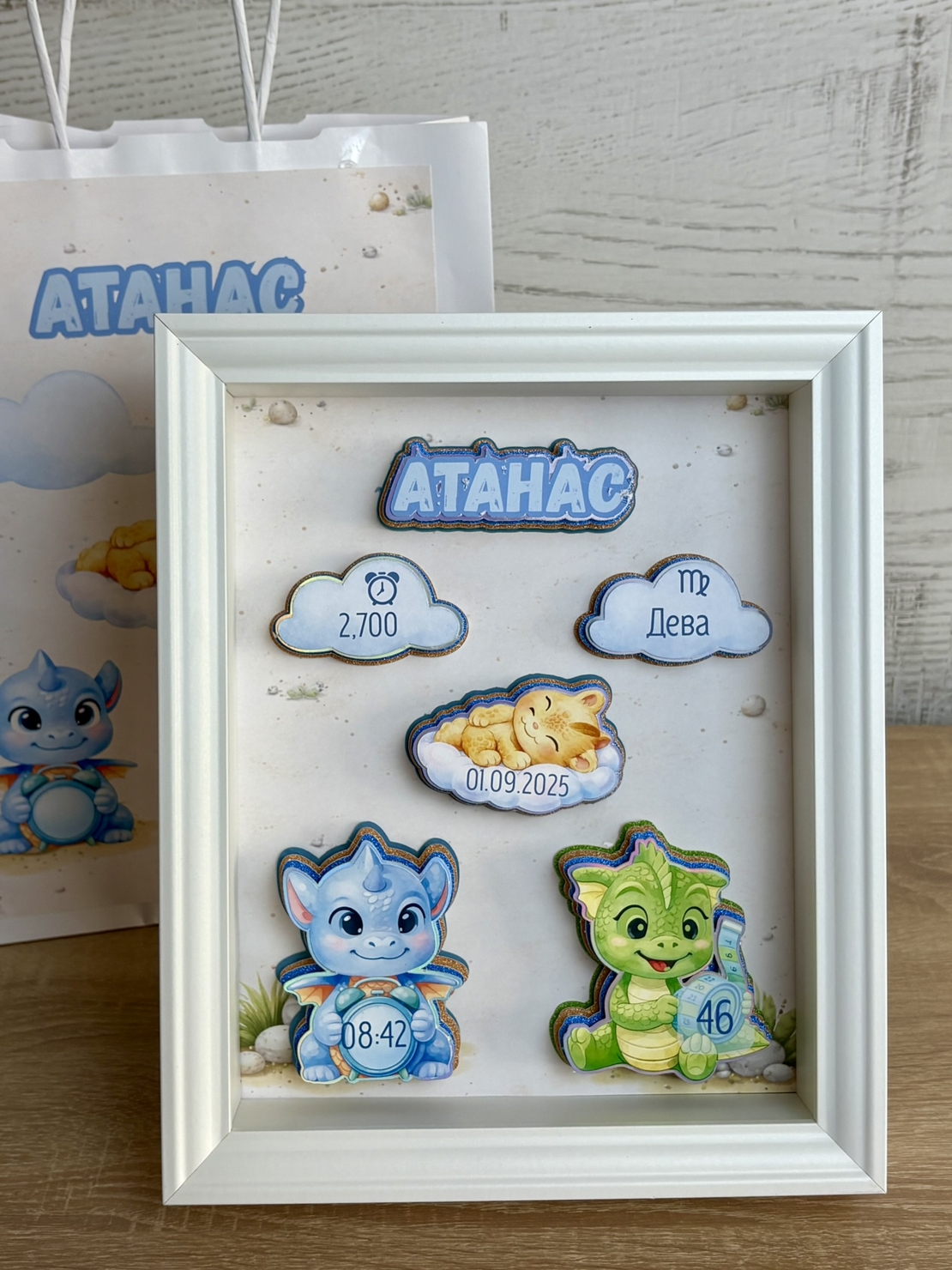 Рамка визитка за новородено - малки дракончета