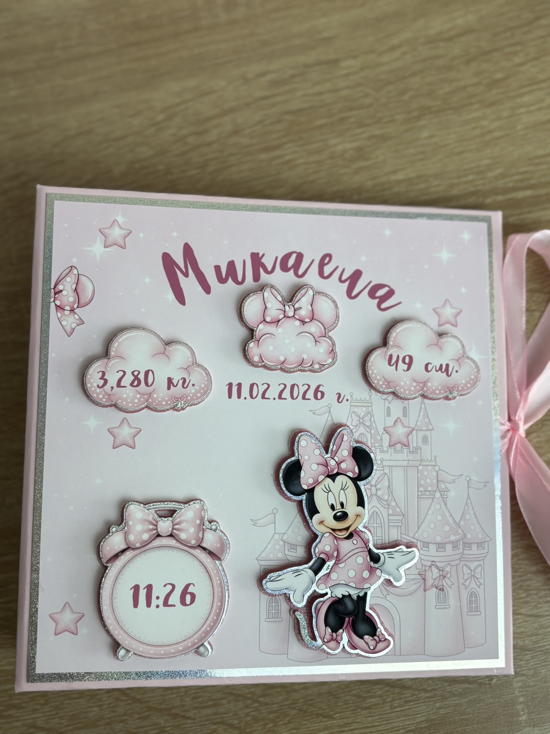 Албум за новородено с лепени страници 18х18 см., 12 листа - Мини Маус в розово