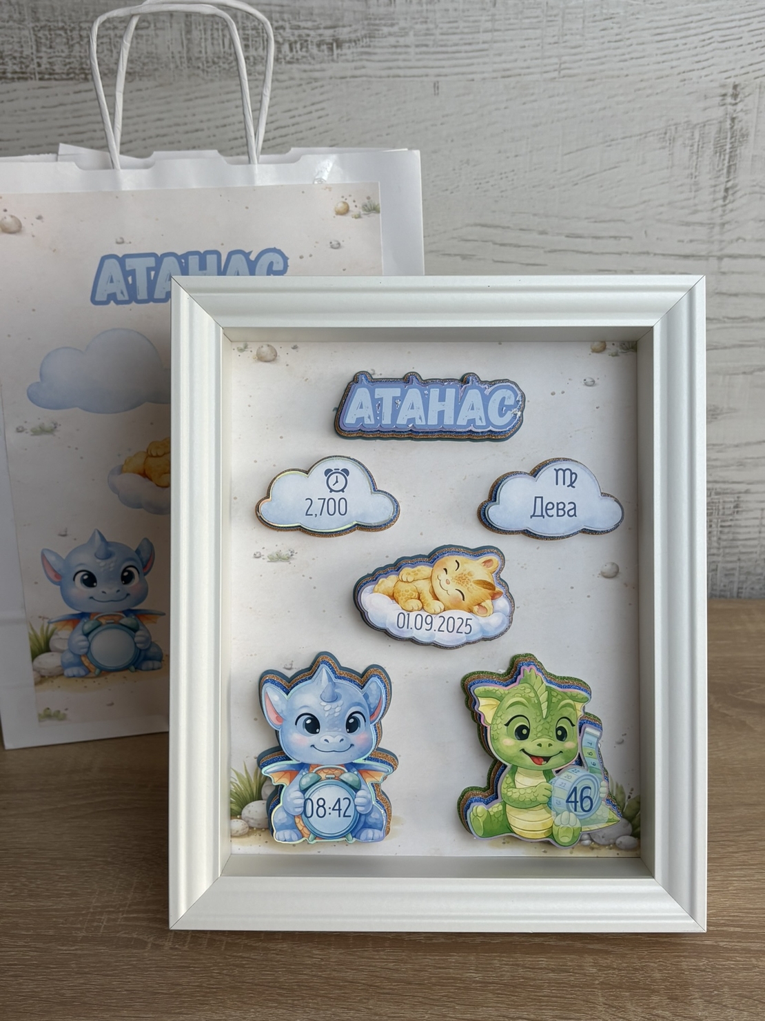 Рамка визитка за новородено - малки дракончета