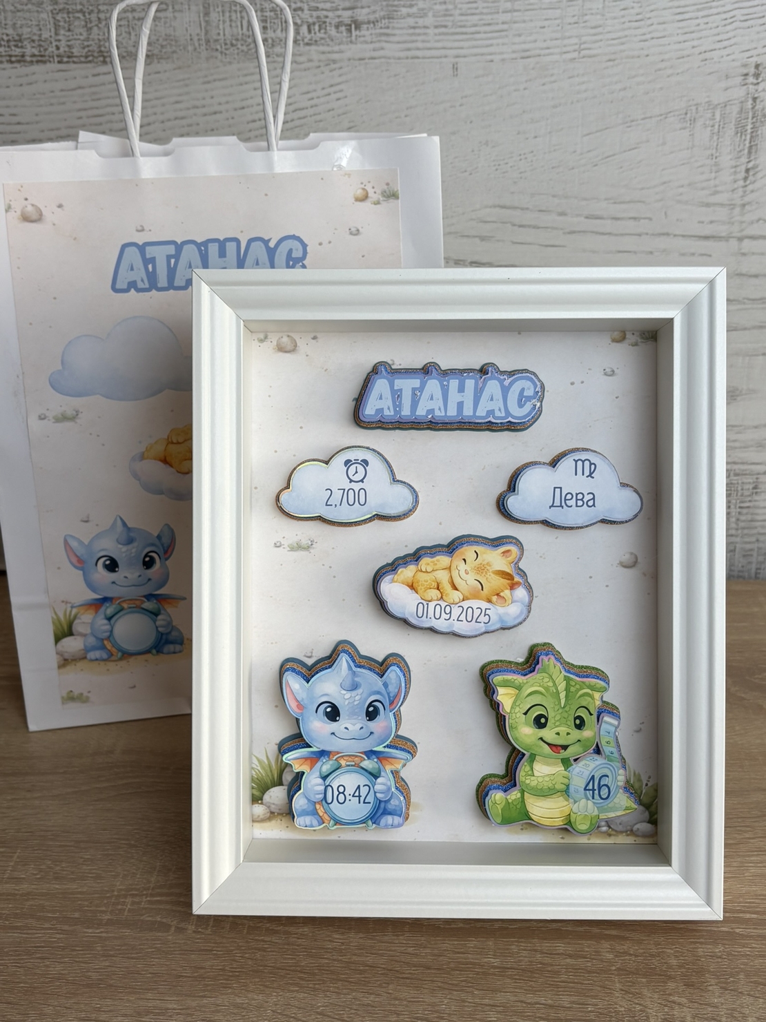 Рамка визитка за новородено - малки дракончета