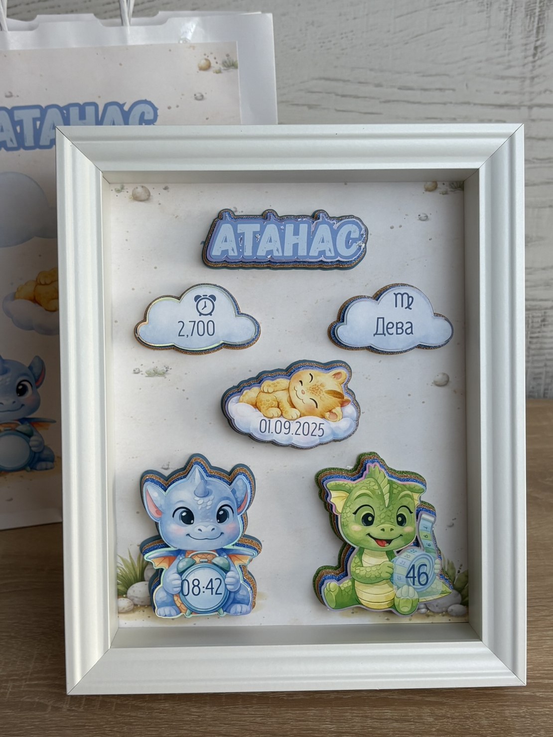 Рамка визитка за новородено - малки дракончета