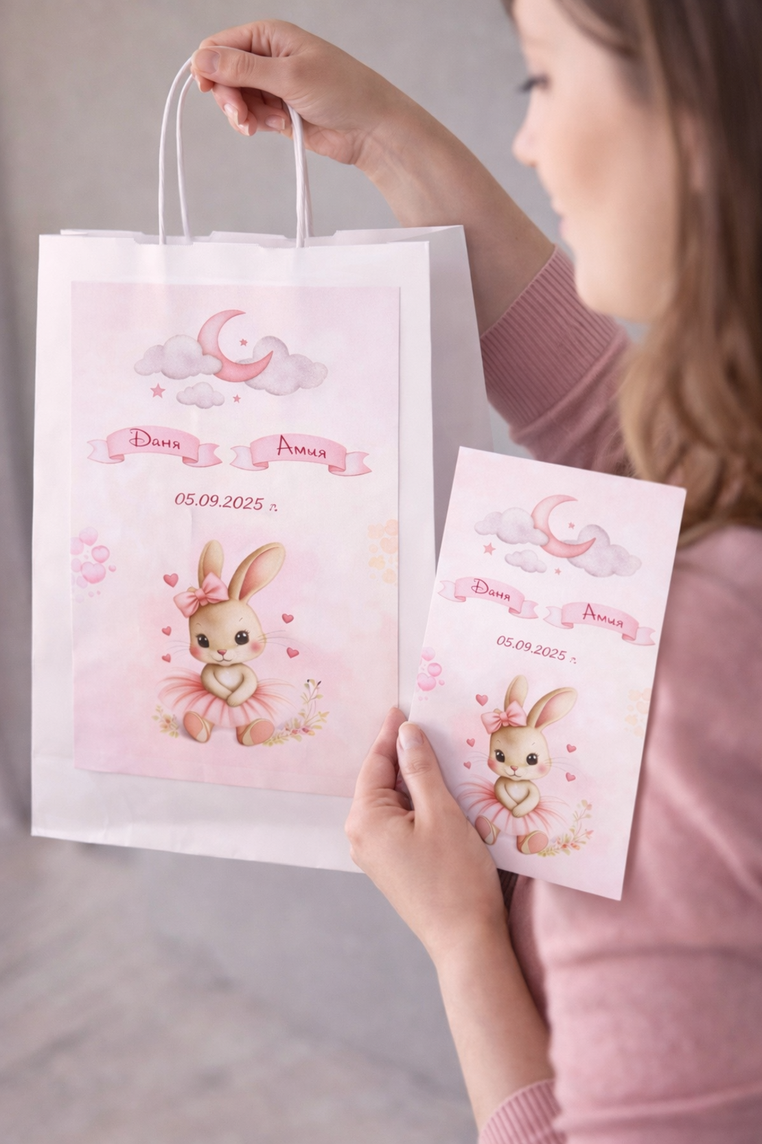 CRAFTONA Рамка визитка за новородено с 3д елементи - Зайче в розово