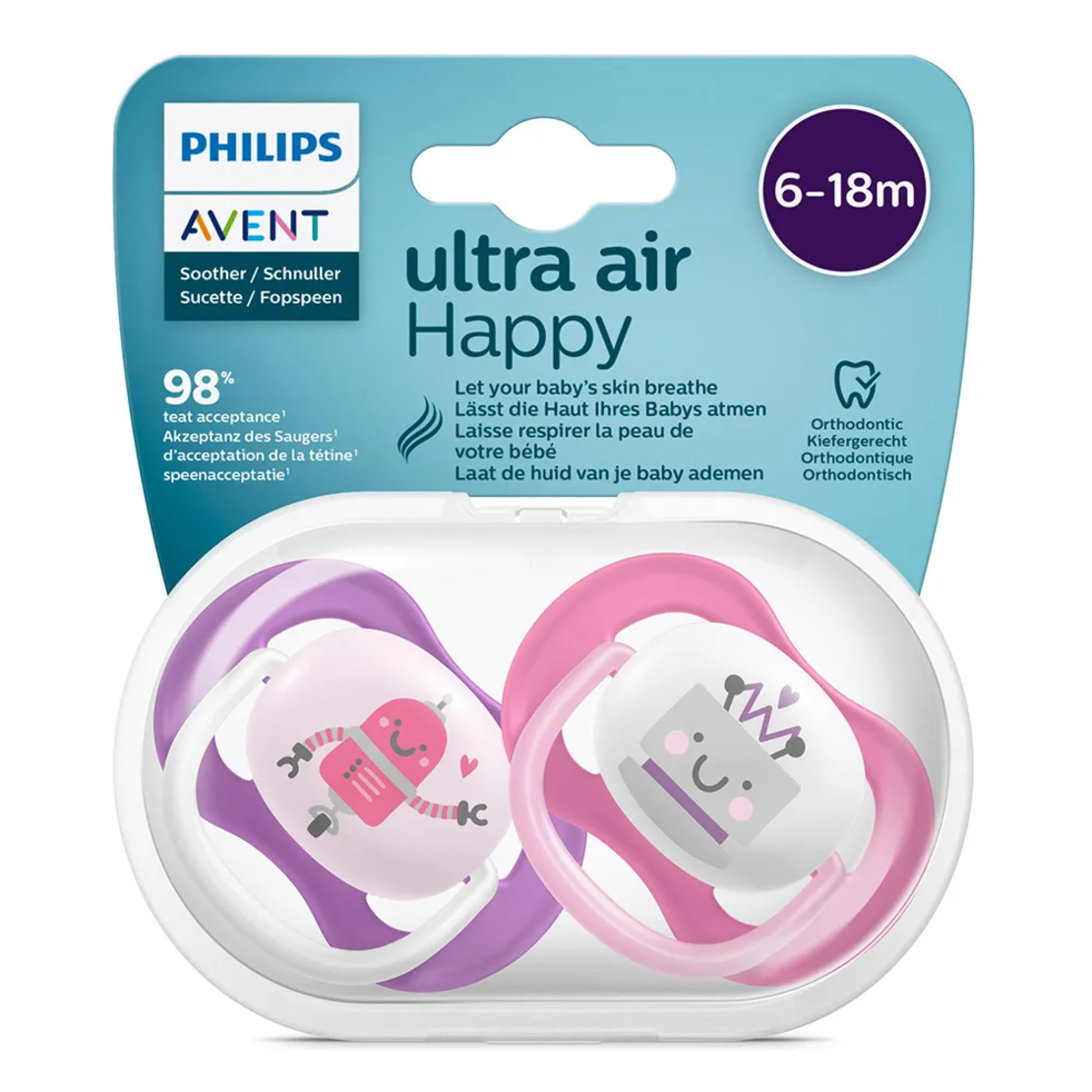 Philips AVENT SCF080/10 Комплект 2 Броя Ортодонтични Залъгалки Ultra Air Happy 6-18м+ с Декорация Роботи в Кутия за Стерилизиране