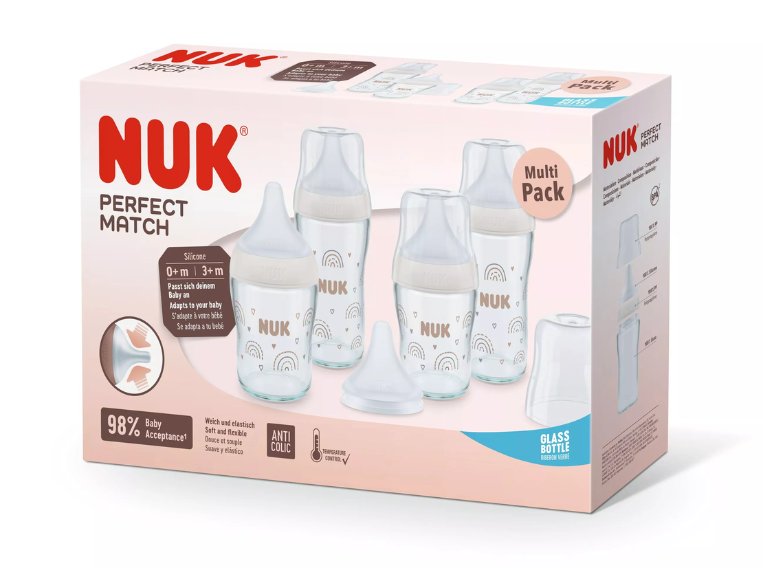 NUK Perfect Match Сет 5 Стъклени Шишета 2х120мл + 2х230мл с Допълнителен Биберон за Хранене U 1 Брой с Дъга