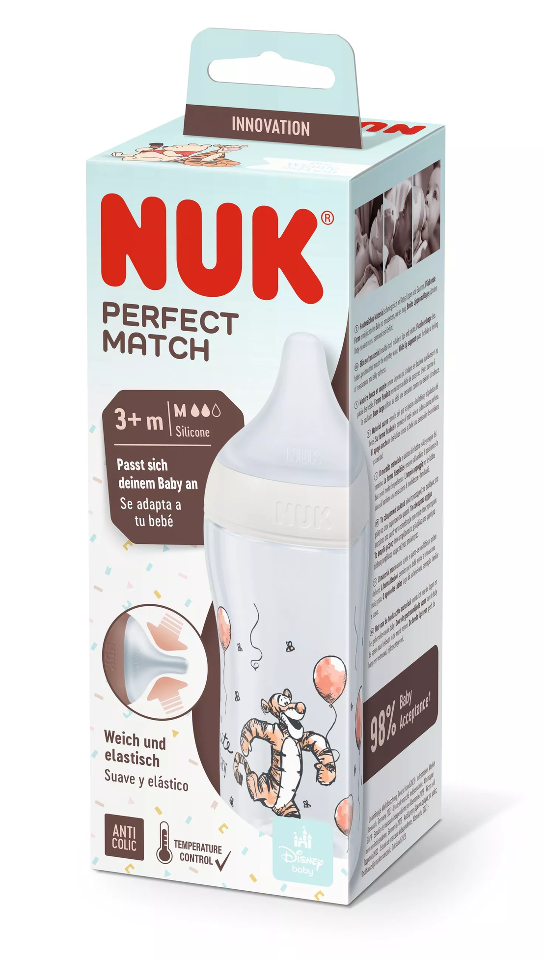 NUK Perfect Match Шише РР 260мл със Силиконов Биберон за хранене M 3+ месеца Disney Тигър