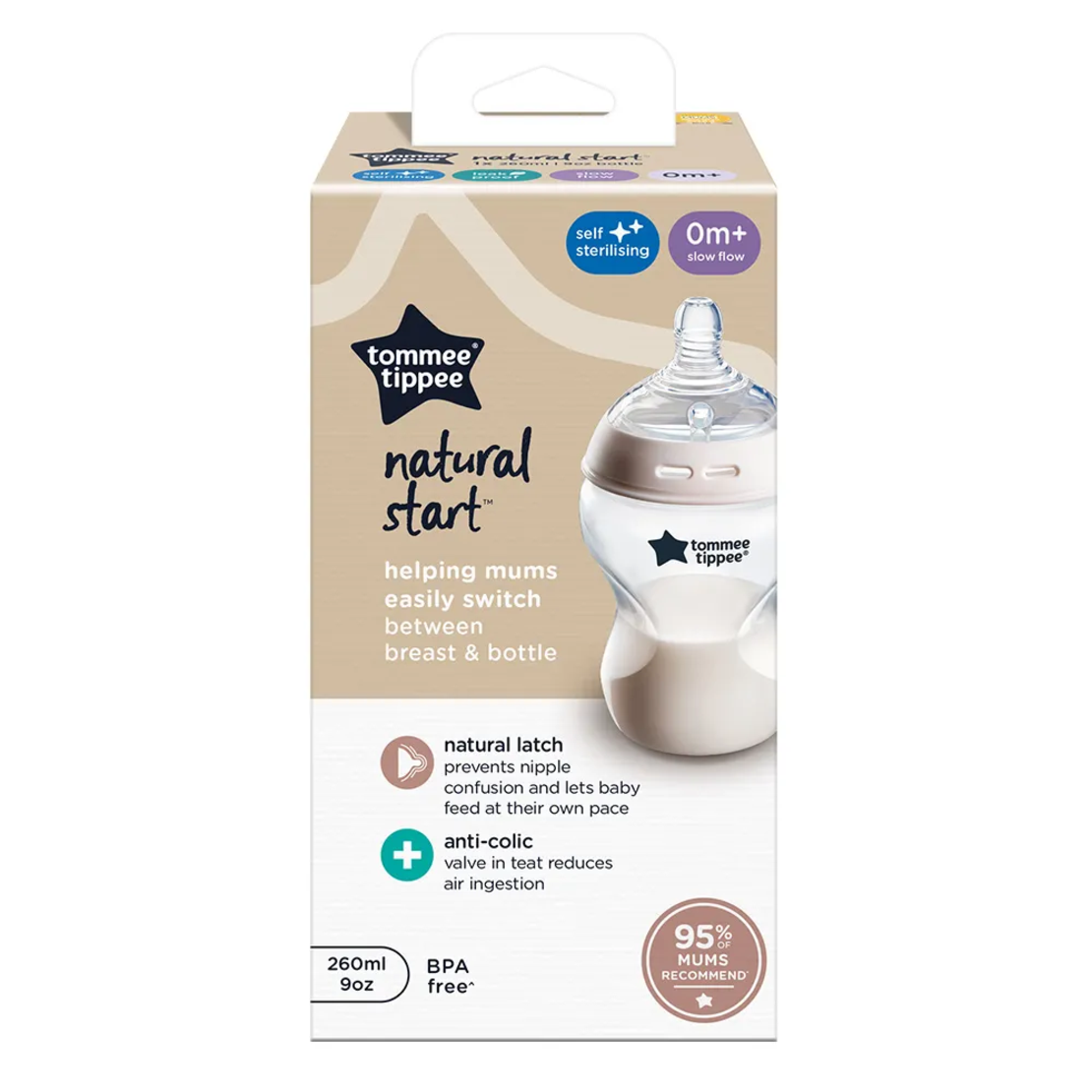 Tommee Tippee Natural Start Бебешко Шише за Хранене Самостерилизиращо 260 мл с Биберон с Бавен Поток 1 Капка 0м+