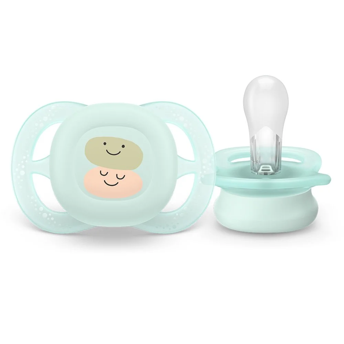 Philips AVENT SCF075/04 Комплект от 2 броя ортодонтични залъгалки за новородени  Ultra Start 0-2м в синьо и зелено със забавен декор в кутия за стерилизиране